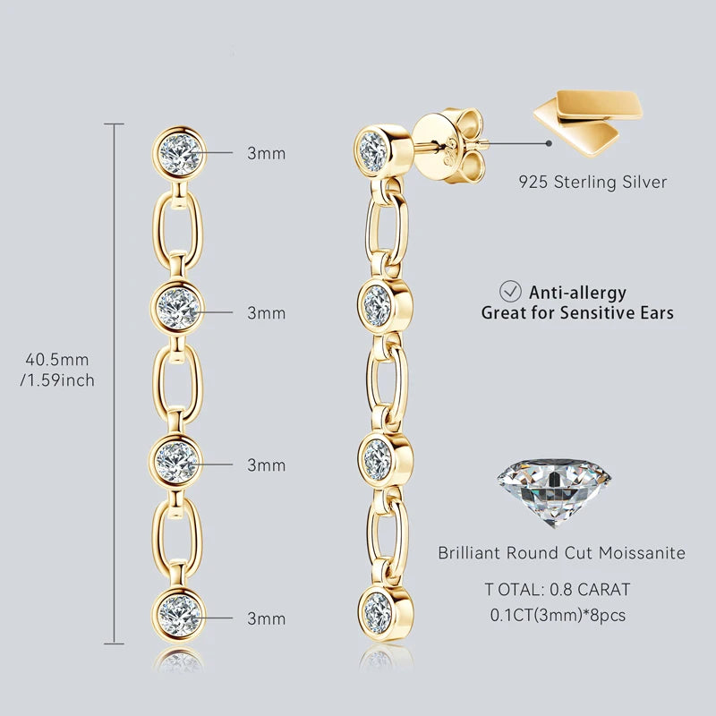 Lnngy 3mm Bezel Moissanite Earrings For Women Exquisite 925 Sterling Silver Long Tassel Earring Wedding Drop Jewelry Gift