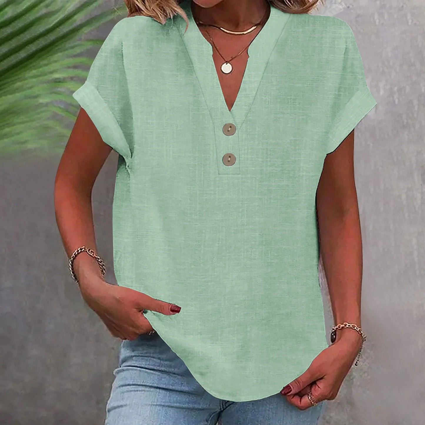 Cotton Linen Short Sleeved Breathable Shirt Summer Solid Color Fashion Stand Up Collar Button Down Women's Casual Office Shirt