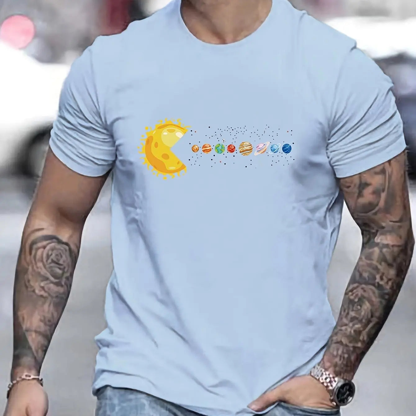 Men's 100% pure cotton summer loose and comfortable casual pac man style sun planets 🪐 eaten printed round neck short sleeved T-shirt top