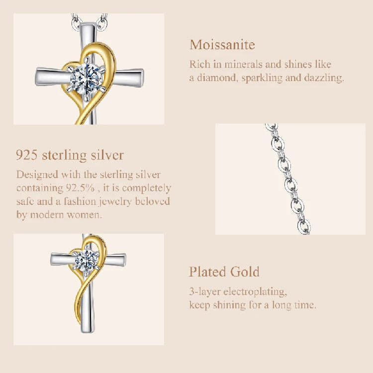 BAMOER Moissanite Cross Necklace Two-tones Gold Plated Pendant Necklace for Women 925 Sterling Silver Faith Jewelry
