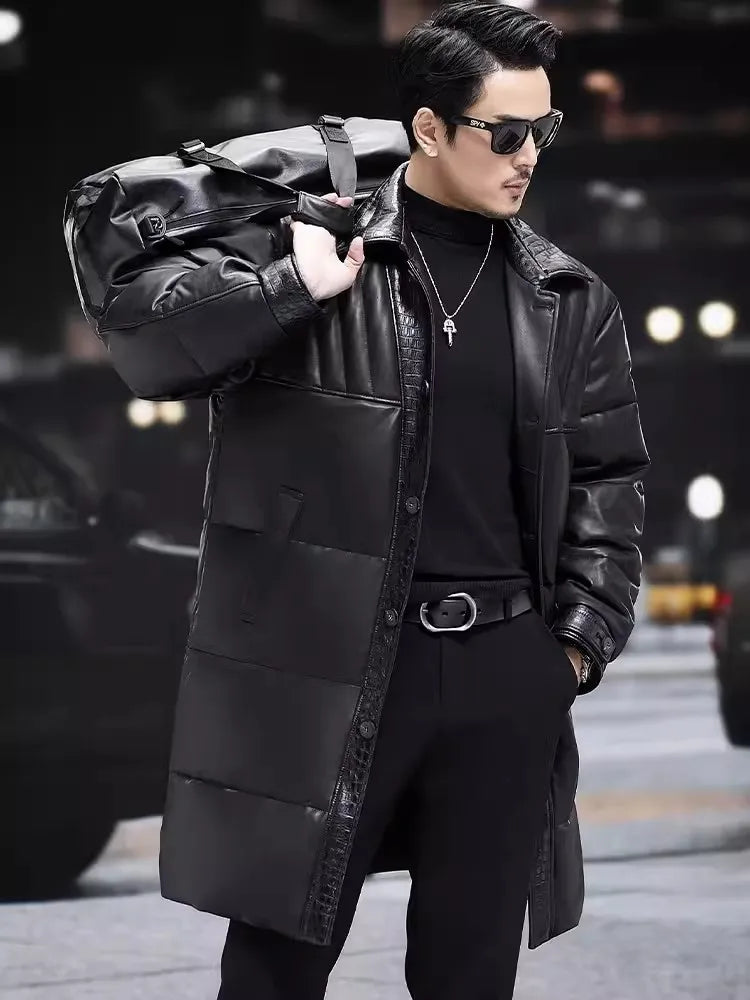 Winter Mens Sheepskin Genuine Leather Down Coat Thicken Warm Single Breasted Turn-Down Collar Medium Length Overcoat Size 5XL