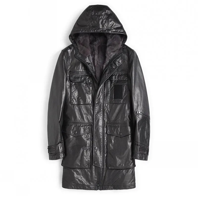 Men’s Oil Wax Cowhide Leather Jacket – Slim Fit Winter Cargo Coat with Mink Fur Lining & Hood