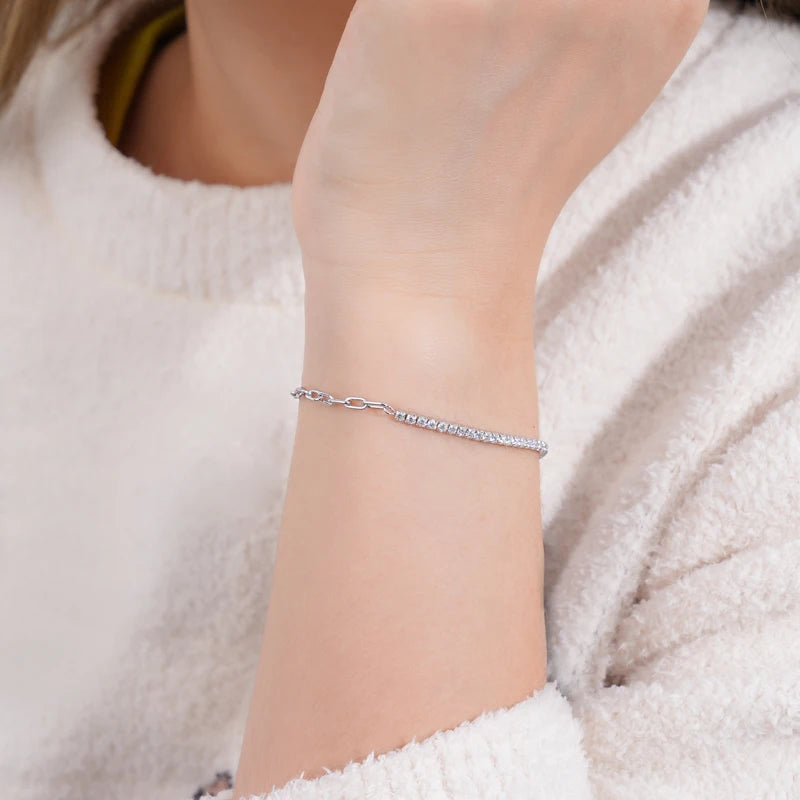 Lnngy 2mm Moissanite Bracelet Korean Ins 925 Sterling Silver Paper Clip Chain Adjustable Bracelets For Women Simple Hand Jewerly