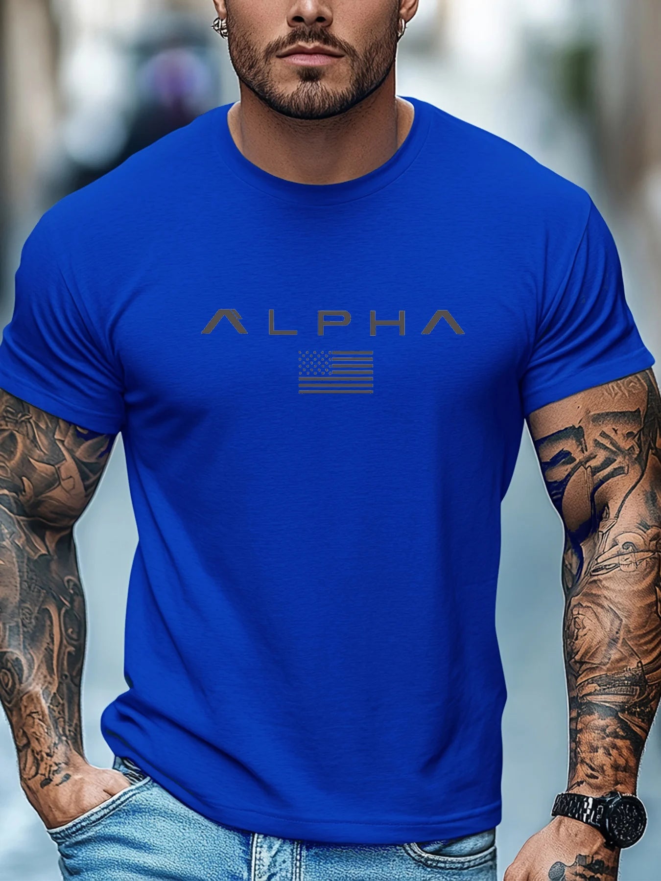 Men's summer 100 cotton ALPHA printed loose solid color multi-color optional sports round neck short sleeved T-shirt top