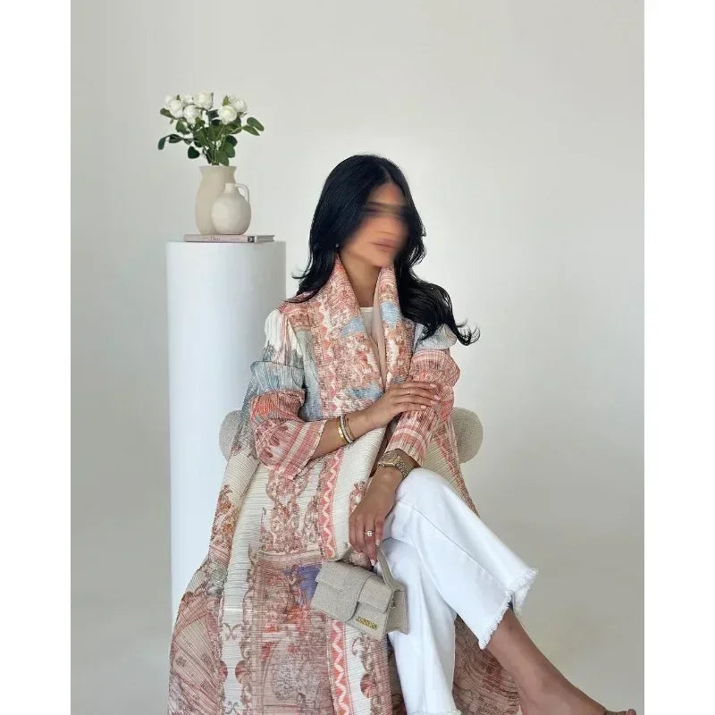 KAF Pleated Women Trench Coat Vintage Printed Cardigan Design Loose Plus Size Women Long Dress Dubai Female Luxury Abaya 2024