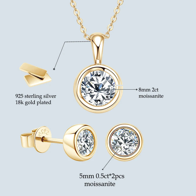 Anziw 925 Silver Set 2ct Moissanite Pendant Necklace 1ct 0.5ct Stud Earrings 18K Gold Plated Jewelry Sets for Women Wedding Gift