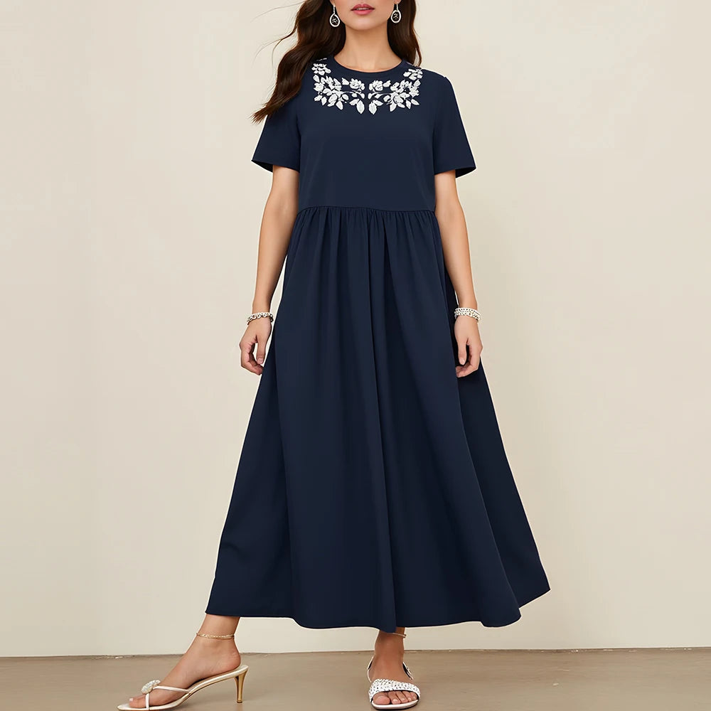 Rafiah Women's Summer 2025 Dress Solid Color V-Neck Floral Embroidered Short Sleeve Relaxed Silhouette Long Dress