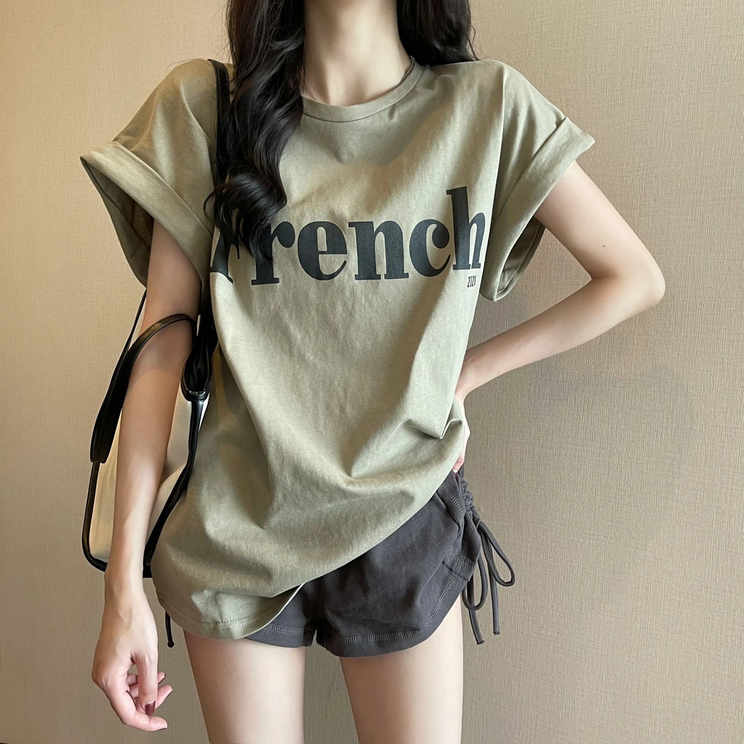 Loose ort Sve T-irt Women's Summer Thin Design Sense Hong Kong Sle Chic Retro Top Trendy round Ne Polyester ...