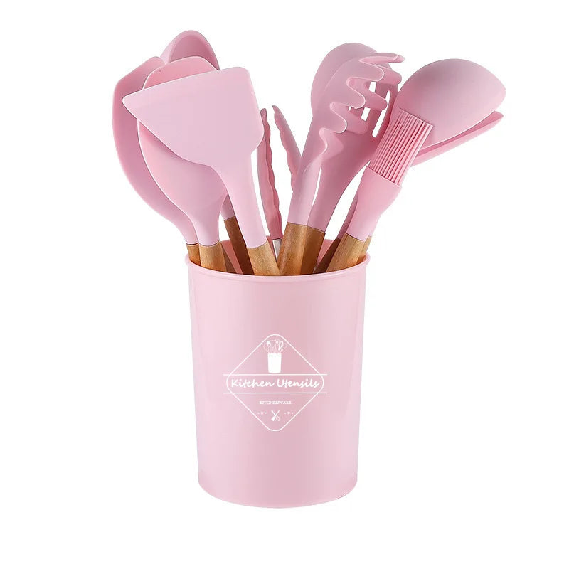 12Pcs Silicone Kitchen Utensils Cooking Wooden Handle Non Stick Pot Kitchenware Set Storage Bucket Silicone Kitchen Utensils
