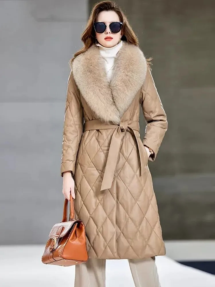 Women Winter Warm Sheepskin Long Down Jacket Belted Fox Fur Collar Elegant Lady Genuine Leather Overcoat Windproof Trench Coat