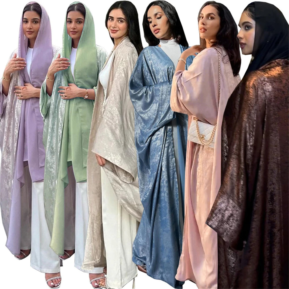 Dubai Luxury Shiny Satin Open Kimono Abaya – Muslim Kaftan Dress for Women