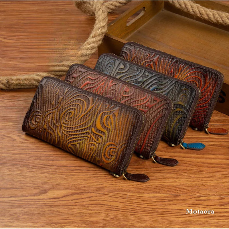 MOTAORA Women's Genuine Leather Long Wallet Retro Vintage Cowhide Bifold Card Holder Phone Purse Handmade Zipper Coin Pocket