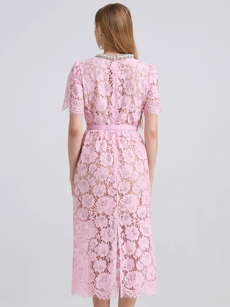 Luxury Eyelash Lace Mid-Calf Party Dress – Women’s Summer Short Sleeve A-Line with Crystal Beading, Hollow-Out Design – Pink Bridesmaid & Prom Gown