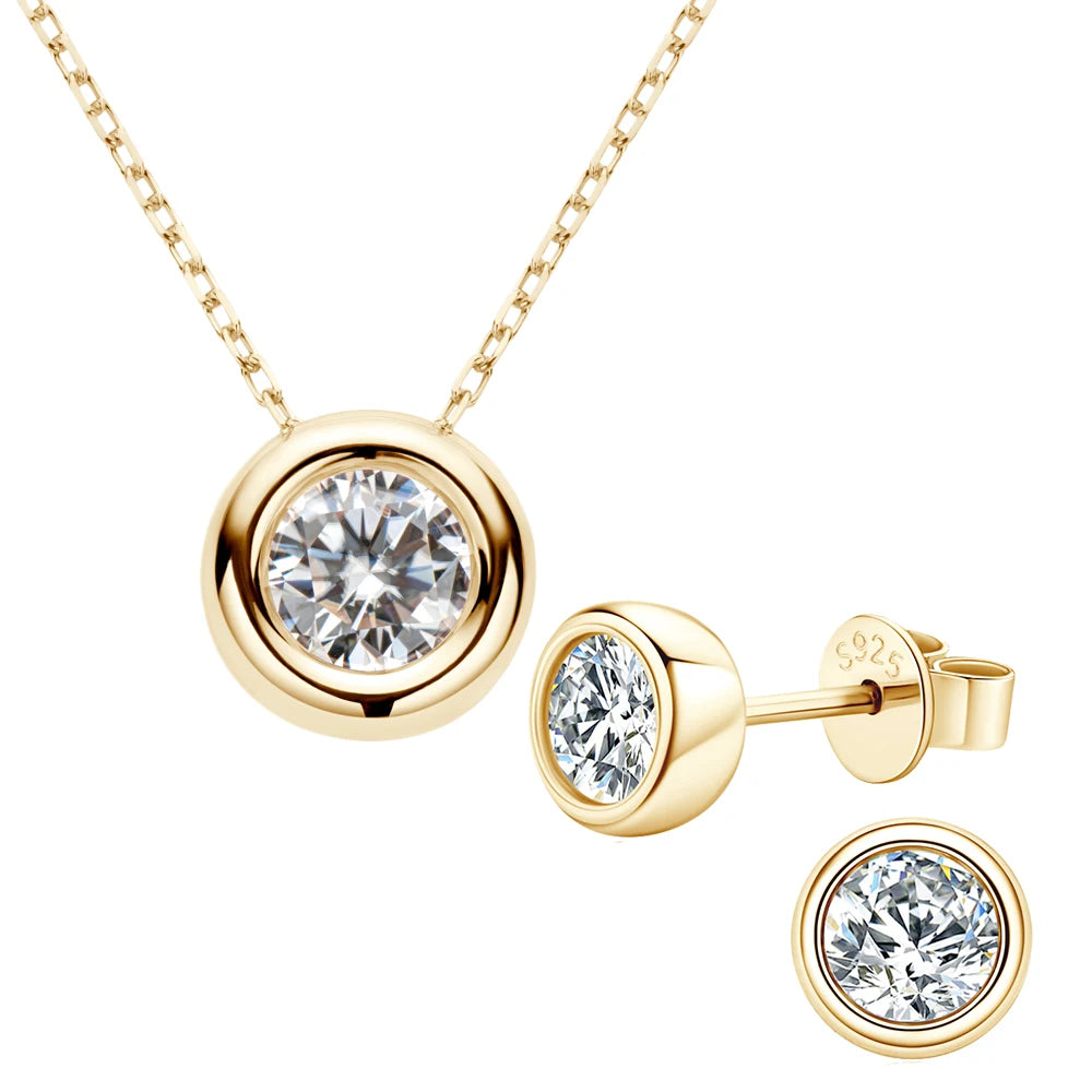Lnngy D Color Bezel Moissanite Stud Earrings 925 Sterling Silver Pendant Necklace Earring Jewelry Set For Ladies Wedding Gift