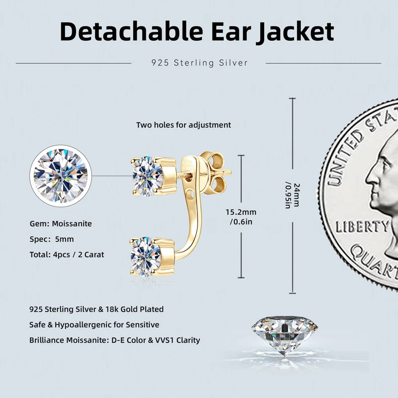 Lnngy Original 925 Sterling Silver Earrings Front Back Double Sided 5MM Moissanite Stud Earring For Women 2 in 1 Pierced Jewelry