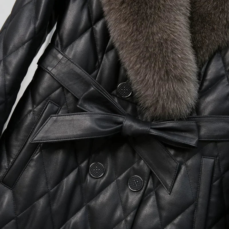 Tcyeek Winter Natural Fox Fur Collar Coat Mid-long Slim Sheepskin Coats Women Clothes Real Leather Down Jacket Lady Veste Femme