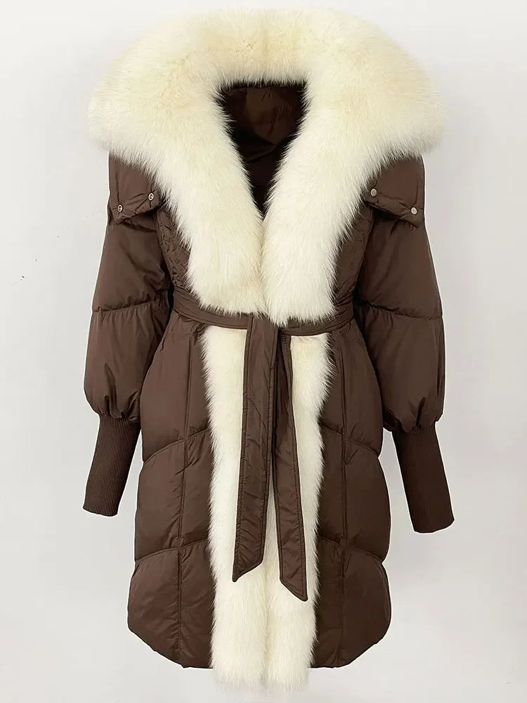 2025 Autumn Winter Women Coat Real Natural Fox Fur Long Down Jacket Thick Warm Casual Hooded White Duck Down Elegant Overwears