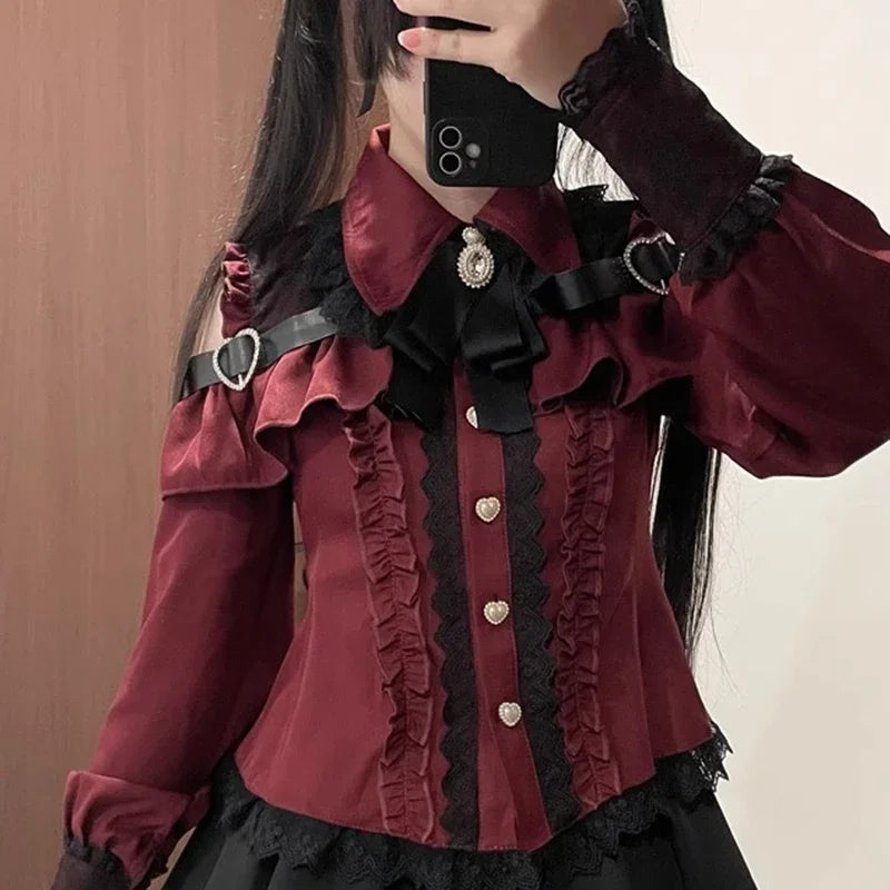 Kawaii Off Shoulder Long Sleeve Shirts Women Black Short Skirt Set Y2K Gothic Ruffle Skirts Lace Lolita Shirt Gown Suit 