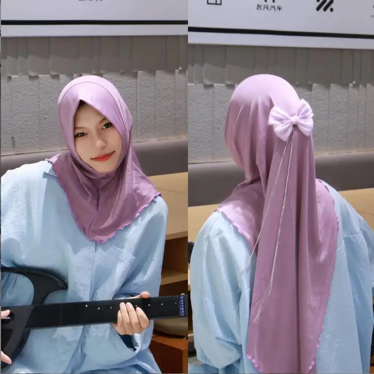Muslim Elegant Girls Instant Hijab with Bowknot Islamic Women Turban Full Cover Scarves Shawl Arab One Piece Amira Head Wraps