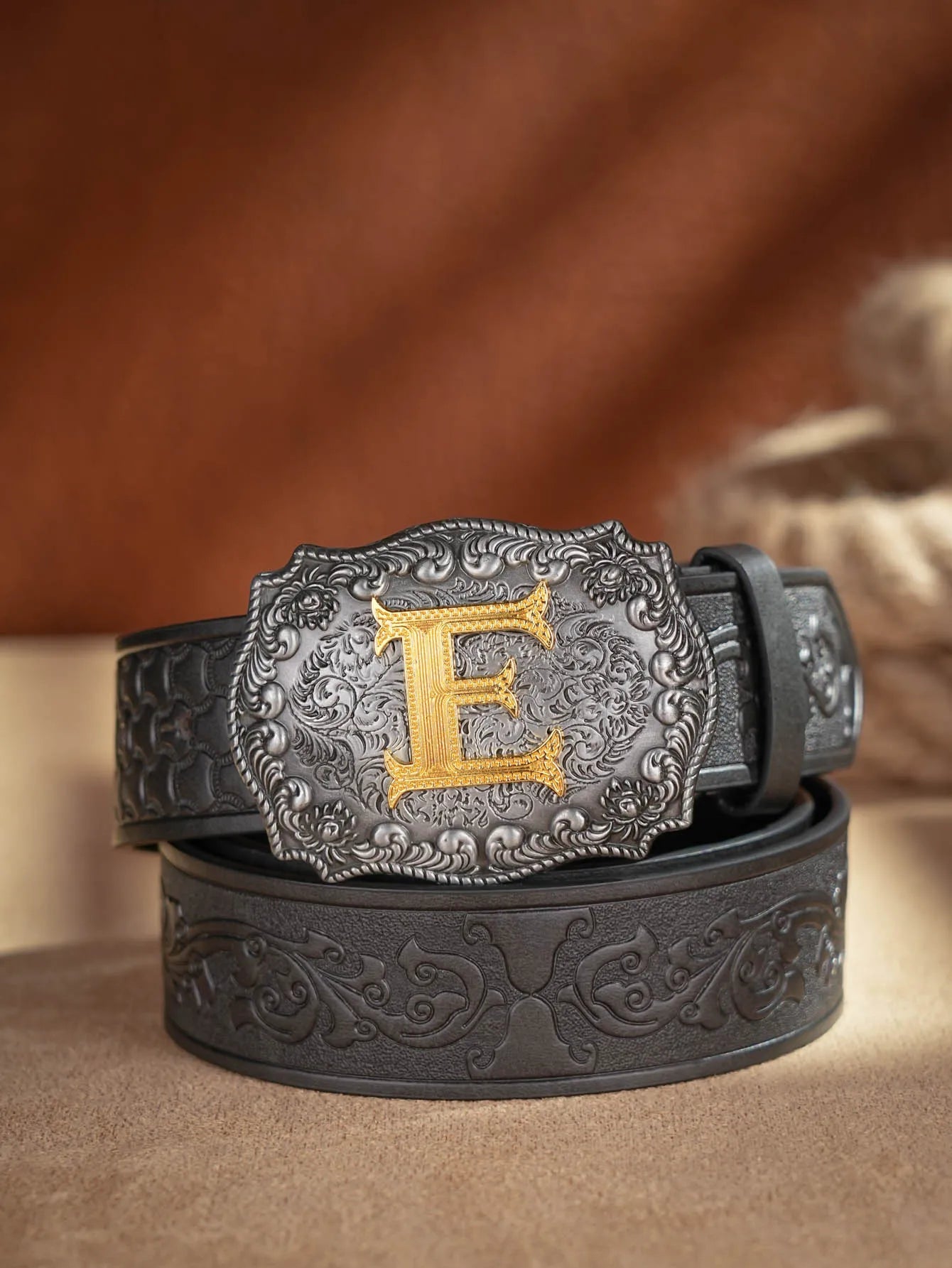 Western Cowboy PU Leather Belt - Men Waist Strap Bull Decoration Floral Engraved for Jeans