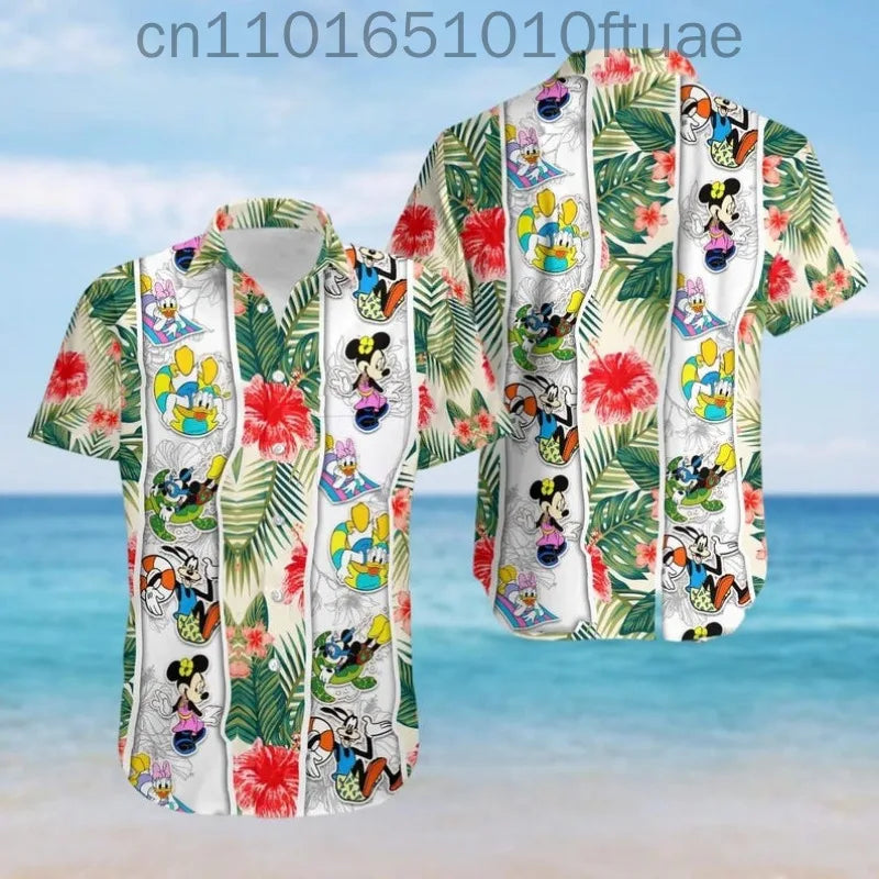 Disney New Hawaiian Mickey Minnie Tropical Shirts for Men and Women Summer Beach Shirts Children's Casual Fashion Seaside Shirts