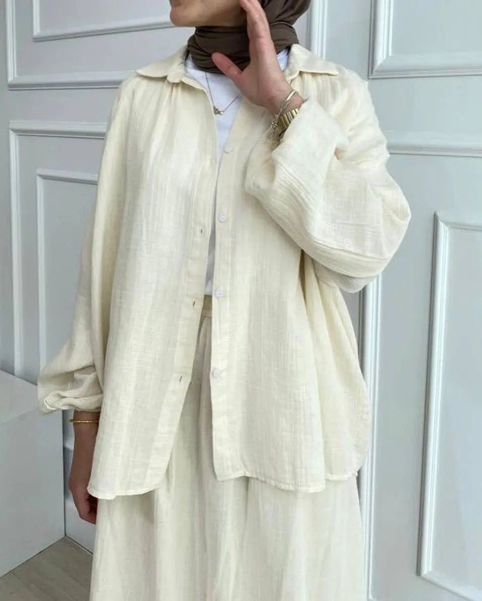 2 Piece Long Sleeve Shirt+Skirts Eid Muslim Women Elegant Sets Abaya Dubai Turkey Islamic Casual Tops Solid Color Skirt Fashion