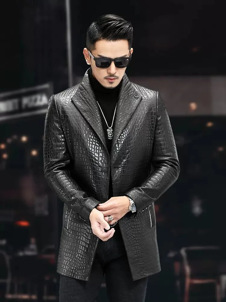 High Quality Luxury Genuine Leather Blazers Men Spring Slim Office Man Embossing Real Sheepskin Coat Suit Jacket Size Runs Small
