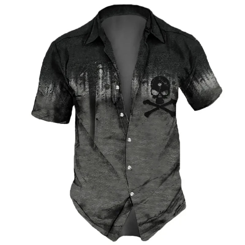 2023 Men's Shirts Lapel Streetwear Vintage Shirt For Men Skull Hip Hop Short Sleeve Top Party Summer Casual Hawaiian