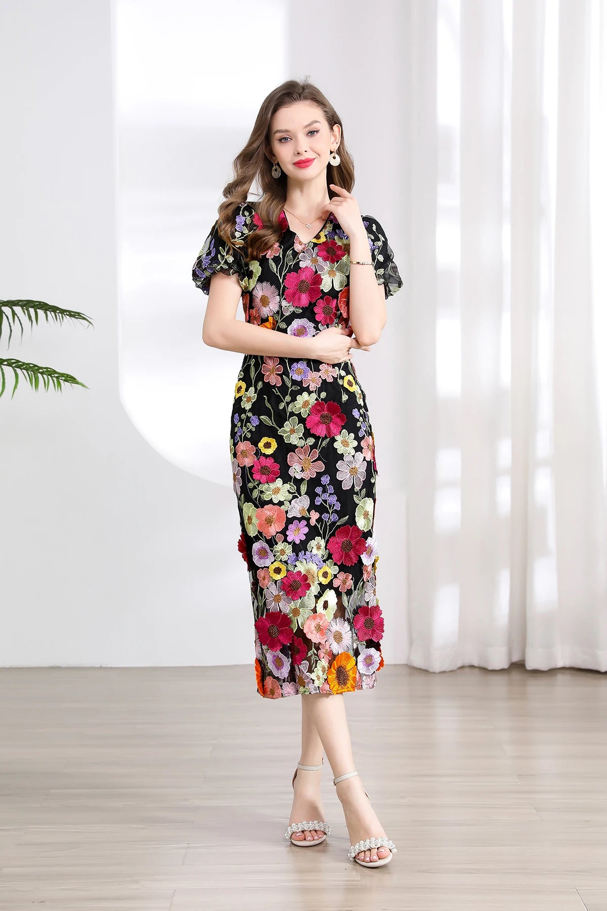 Summer High-end Embroidery Lace Prom Dress Women French Luxury 3D Flower Short Sleeve Long Dress Party Bodycon Holiday Vestido