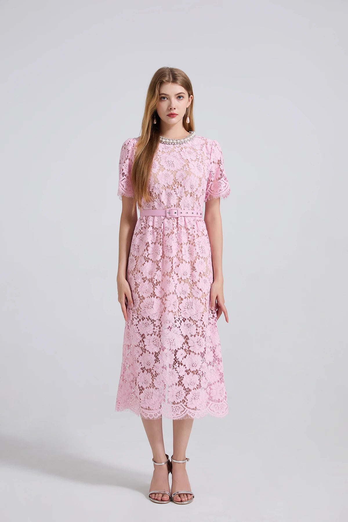 Luxury Eyelash Lace Mid-Calf Party Dress – Women’s Summer Short Sleeve A-Line with Crystal Beading, Hollow-Out Design – Pink Bridesmaid & Prom Gown