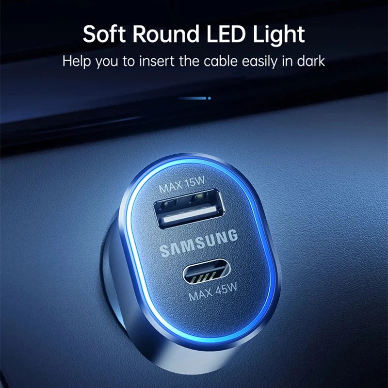 60W Samsung Dual Car Charger with Fast Charging 45W Usb C PD Auto Chargeur for S25 Ultra S25+ S24 Ultra S23 FE S22 A55 A15 A54