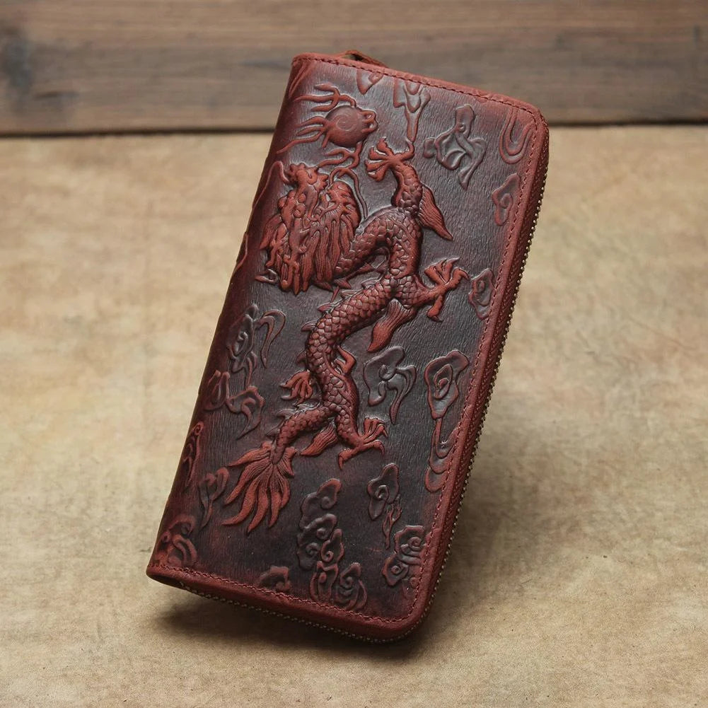 MOTAORA Chinese Style Creative Design Wallet Unisex Retro Embossed Wallets Dragon Pattern Long Men Card Holder Handmade Purse