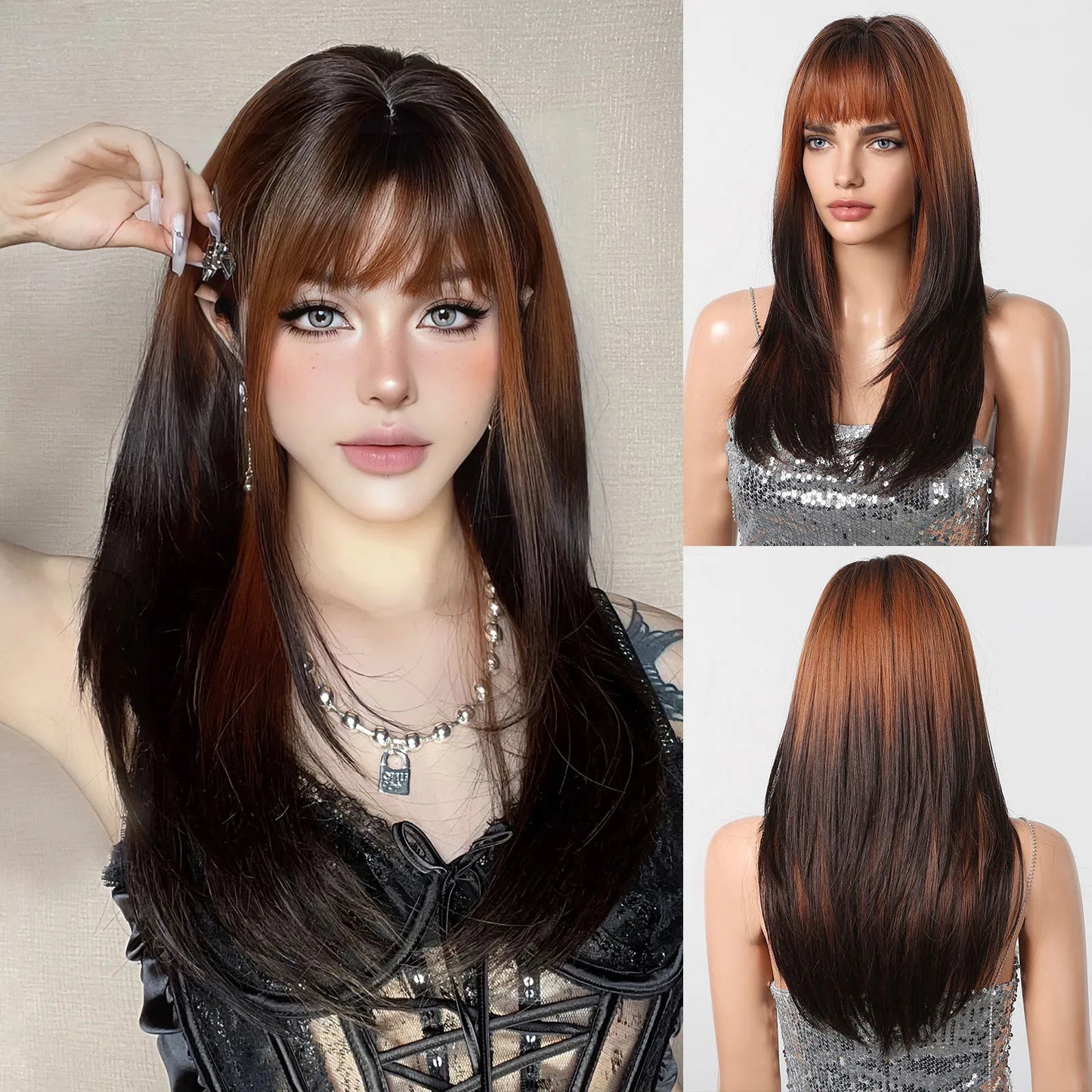LOUIS FERRE Black Pink Ombre Synthetic Wigs for Cosplay Long Straight Layered Wigs with Bangs for Women Heat Resistant Fake Hair