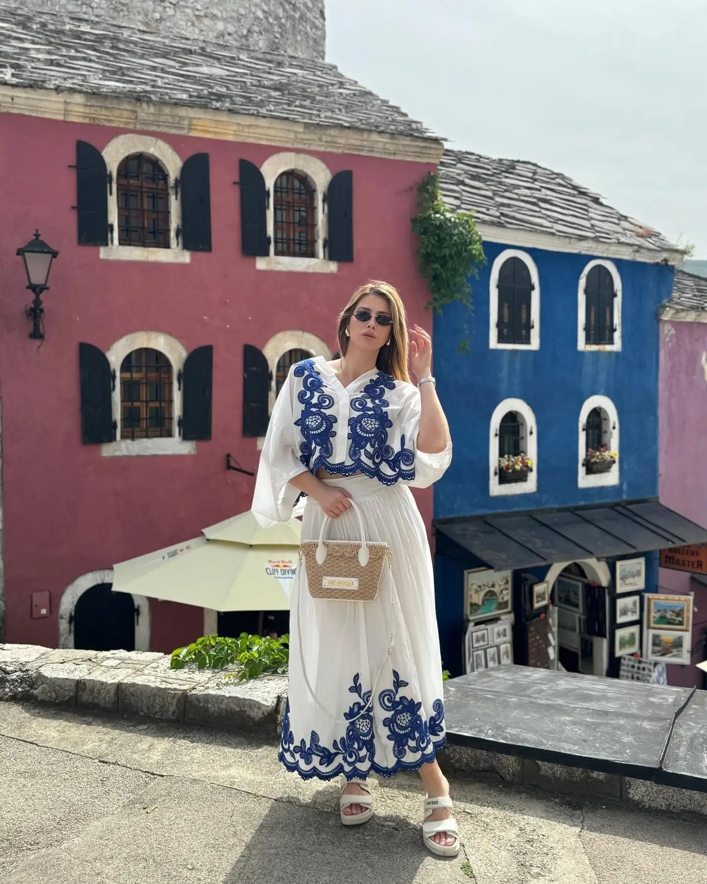 TRAFZA 2024 Women Skirt Set Blue Embroidery Three Quarter Bat Sleeve Shirt +Folds A Line Long Skirt Casual Loose Beach Holiday