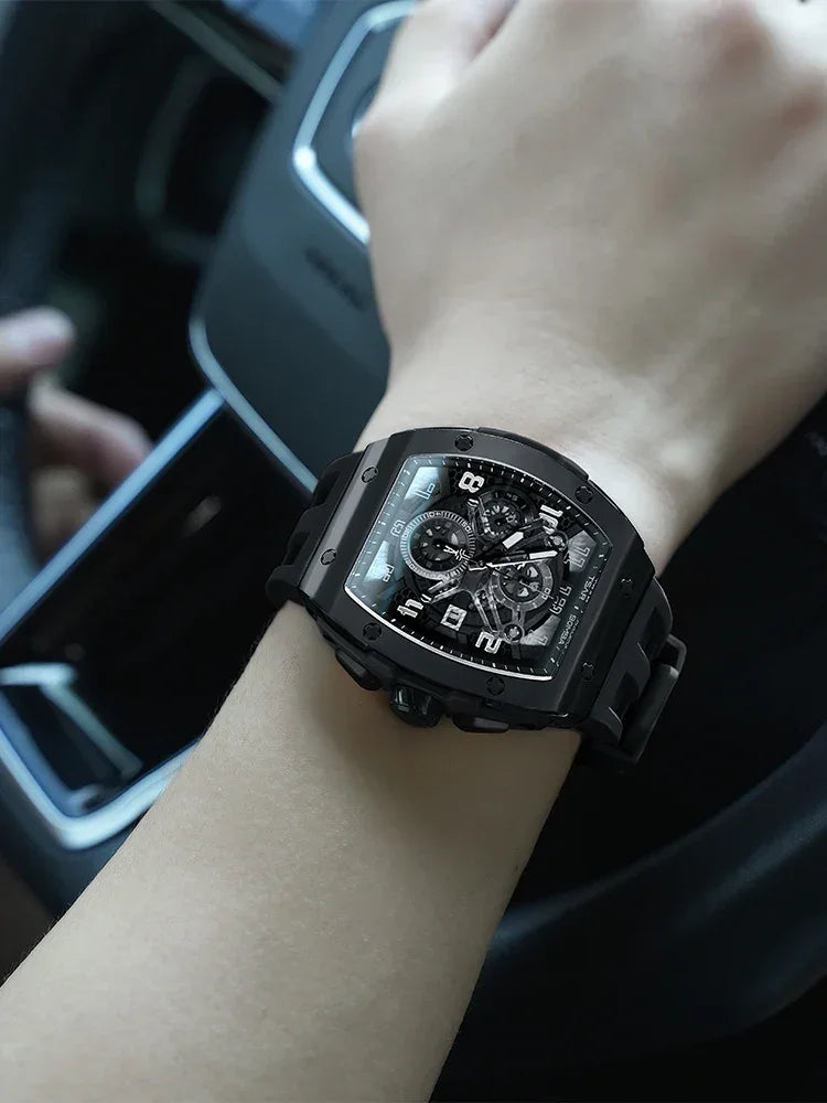 TSAR BOMBA Luxury Mens Watch Top Brand Wristwatch Tonneau Clock Rubber Strap Chronograph Sapphire Watches for Men