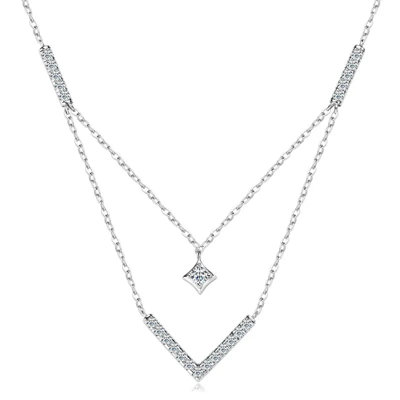 Lnngy Sparkling 3mm&1.8mm Round Moissanite Necklace 925 Sterling Silver Fashion V-Shape Necklaces for Women Fine Jewelry Gift