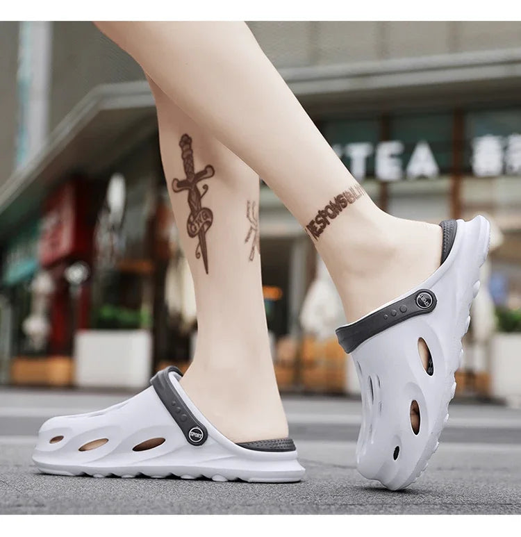 Summer Men's Fashion Beach Sandals Clogs Thick Sole Slipper Waterproof Anti-Slip Sandals Flip Flops Non-slip Soft EVA Hole Shoes