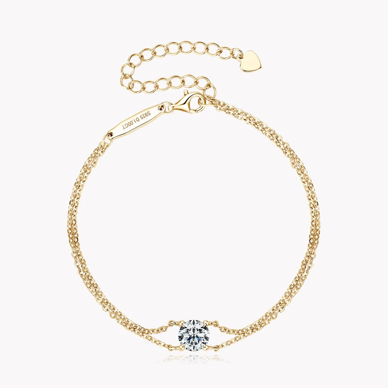 Lnngy 6.5mm 1ct Moissanite Bracelet 925 Sterling Silver Certified Double Chain Bracelets For Women Charm Wedding Jewelry Gift