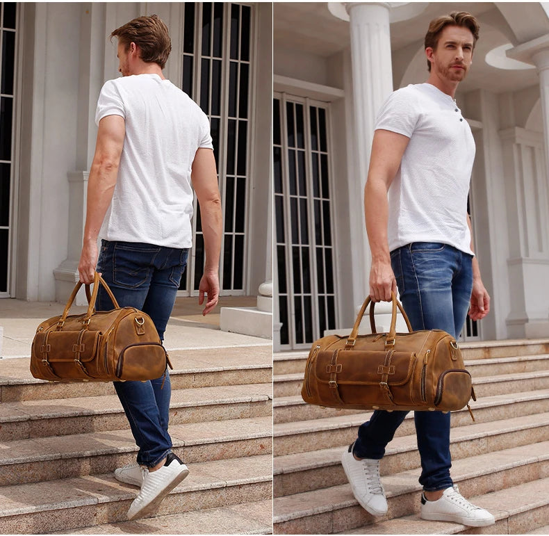 MUNUKI Vintage Crazy Horse Genuine Leather Travel bag Large Luggage bag men Leather duffle bag Large Weekend Bag Tote Big
