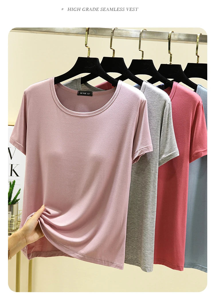 Loose Modal T-irt Women's Spring Summer round Ne ort Sve Built-In Bra Large Size Base irt Casual Sle Summer Top