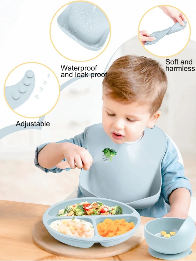 9pcs Baby Silicone Feeding Waterproof Set Children Suction Bowl Plate Spoon Fork Bibs Cup Kids Training Tablewear Bpa Free Gifts