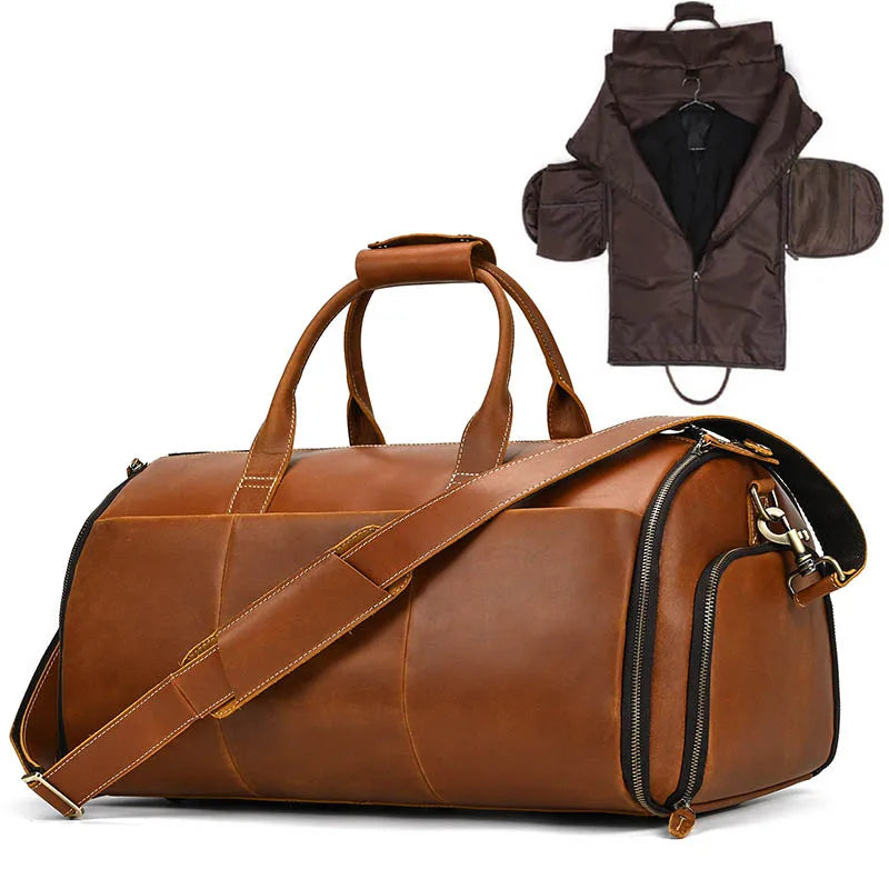 Crazy Horse Leather Folding Suit Bag Man Business Travel Bag With Shoe Pocket Clothes Cover Luggage Duffel Bag Man Bag For Suits