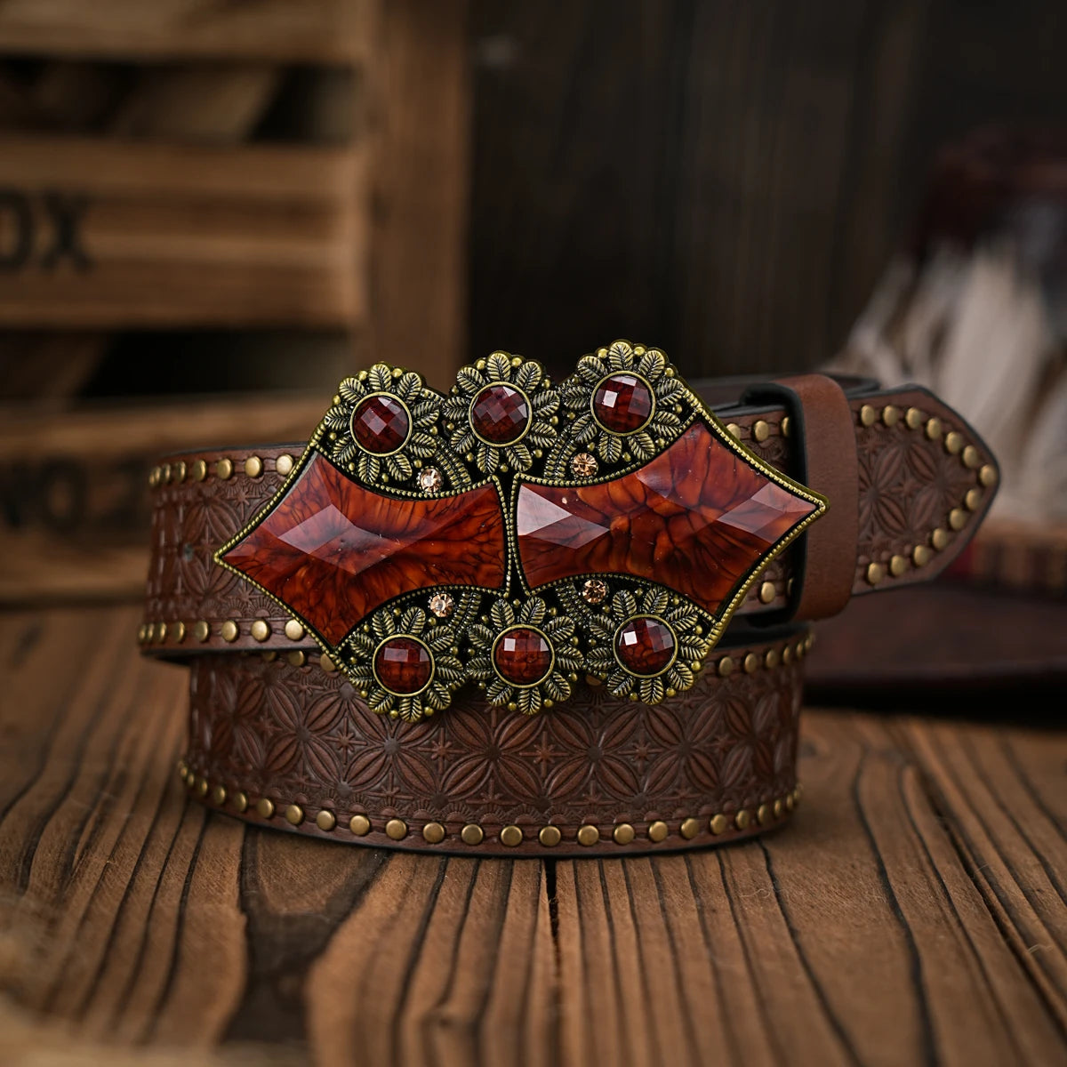 Men - Women - Western Denim - pu leather - Belt - Vintage jeans with floral carved buckle belt