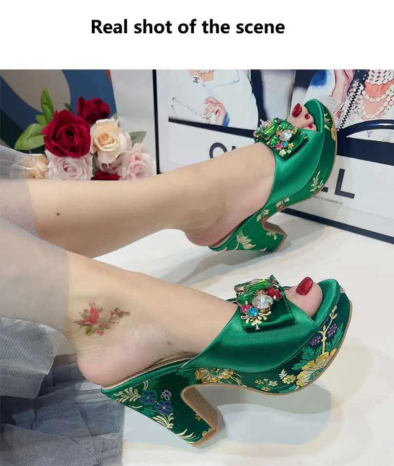 Gladiator Sandals & Bag Set – Green Rhinestone Embroidery, High Heel Party Shoes