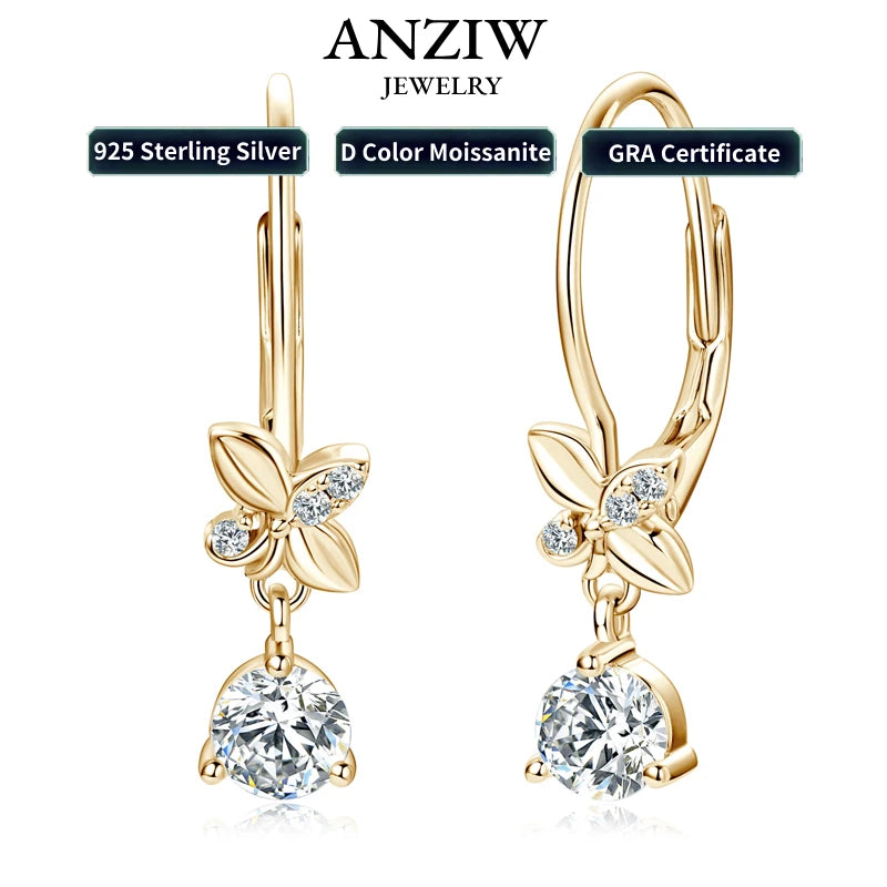 2024 Trend Real 925 Silver 5mm Round Moissanite Drop Clip Earrings for Women Four-leaf Clover Valentine Wedding Jewelry Gift