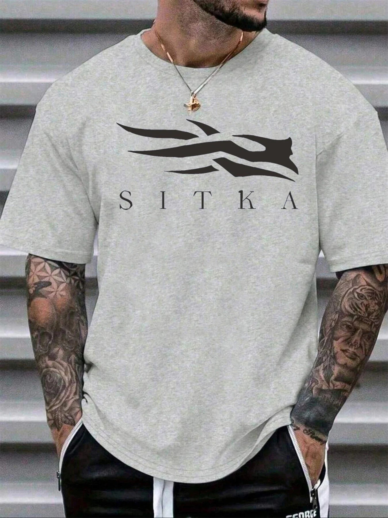 Men's summer 100 cotton fashionable casual sports loose SITKA letter pattern printed round neck short sleeved T-shirt top