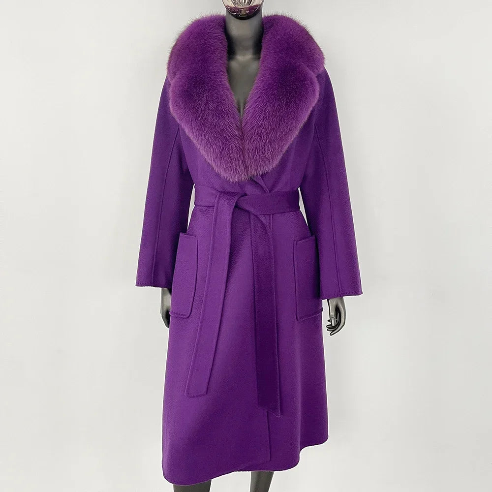 GENHUA 2025 New Casual Fur Coat for Ladies Winter Wool Long Fur Ladies Natural Real Fox Fur Collar Jacket for Ladies Warm Coat