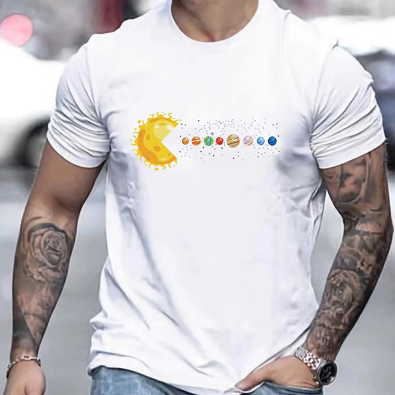 Men's 100% pure cotton summer loose and comfortable casual pac man style sun planets 🪐 eaten printed round neck short sleeved T-shirt top