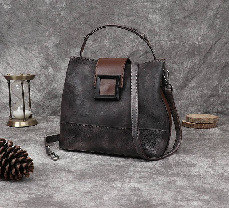 MOTAORA Women's Vintage Bucket Bag Genuine Top-Grain Leather Handmade Purse Luxury Designer Casual Office Travel Shoulder Bag
