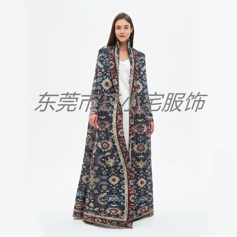 KAF Pleated Women Loose Plus Size Trench Coat 2024 Autumn New Vintage Printed Cardigan Design Arab Female Luxury Abaya